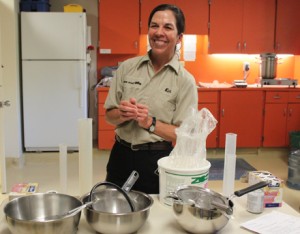Ms. Weibel explains the process of making formula that is fed to the newborns at in the NACU. The formula is made according to the gastric capacity of the animal, which is the amount of food the neonate can ingest. This is obtained by taking the animal’s weight in kilos and multiplying it by fifty. Through this, you can also figure out your own gastric capacity!